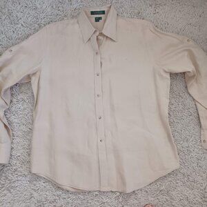 Lauren Ralph Lauren 100% Linen Button Down Shirt Womens Medium Beige RL Logo